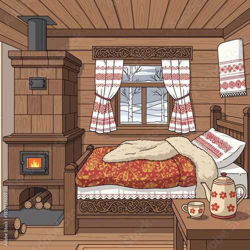 Cozy rustic bedroom interior with wooden details and a warm fireplace with snow visible through