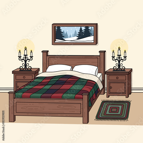 Cozy rustic bedroom with wooden furniture and seasonal plaid bedding for a warm inviting atmosphere