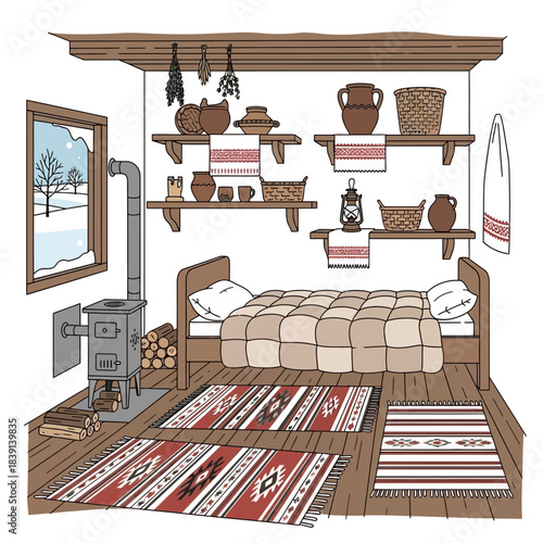 cozy rustic bedroom with wooden shelves and vintage decor creating warm atmosphere