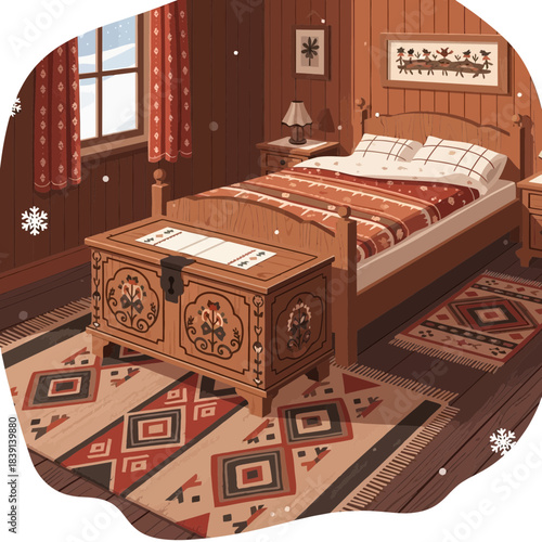 cozy rustic wooden bedroom with patterned rug and snowflake decorations