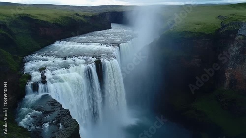 Powerful Waterfall Flowing Through Green Gorge
