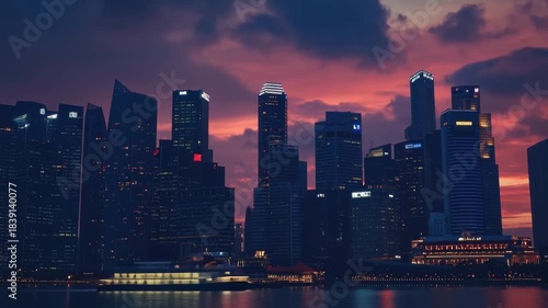 Wallpaper Mural Urban Twilight: A stunning cityscape, illuminated by the last rays of sunlight, reflecting on the tranquil waters. A symphony of architecture emerges against a vibrant evening sky. Torontodigital.ca