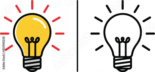 Dual Light Bulb Illustration Showing On and Off States — Symbolic Contrast of Illumination, Creativity, and Conceptual Thinking