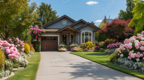 Front yard of a house with trees, plants and green lawn