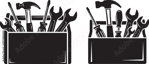 Black silhouette of two toolboxes filled with various hand tools