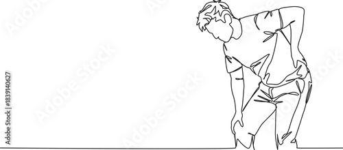 continuous line drawing of man suffering from backpain, side view, line art vector illustration