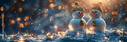 Panoramic Snowman Couple Illuminated by Festive Bokeh Lights