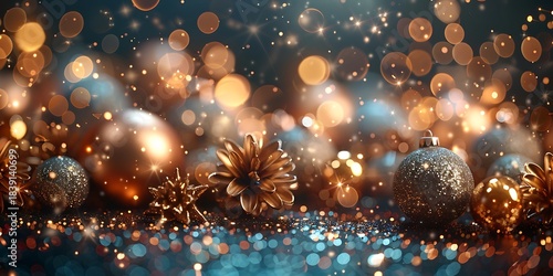 Panoramic Festive Golden Sparkle Christmas Baubles with Bokeh Lights