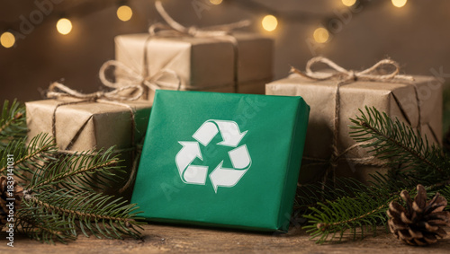 Thoughtful christmas gift wrapped with recycled and eco friendly materials for warm sustainable holiday celebration