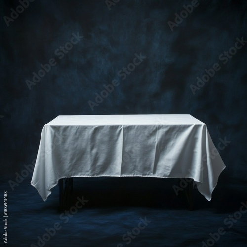 an empty table with tablecloth and a copy space