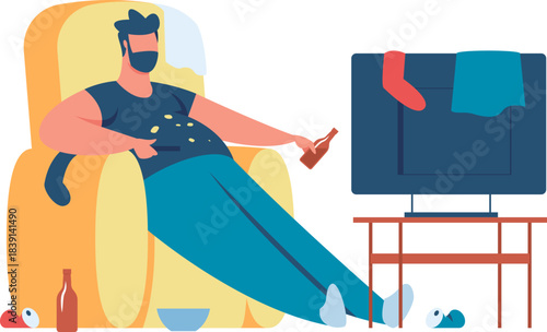 Overweight man binge watching TV being lazy