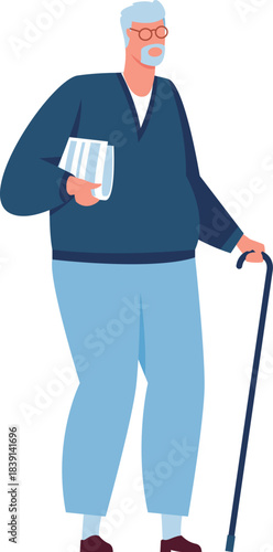 Senior adult man holding papers and walking with a cane