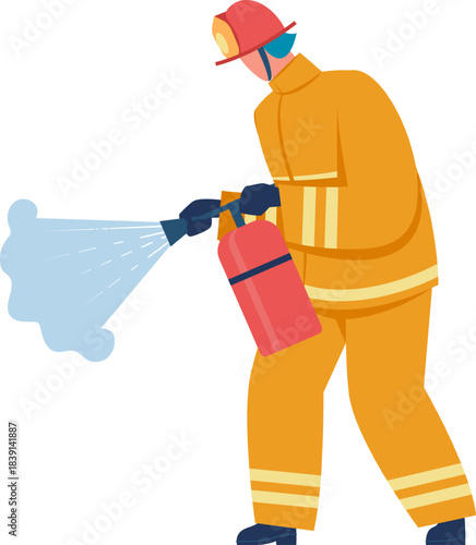 Firefighter spraying fire extinguisher extinguishing a fire