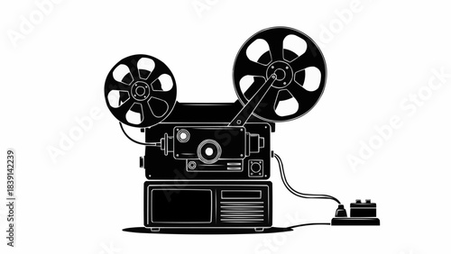 Classic analog movie projector with film reels isolated.