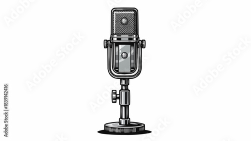 Vintage Microphone on Stand Retro Audio Recording Equipment.