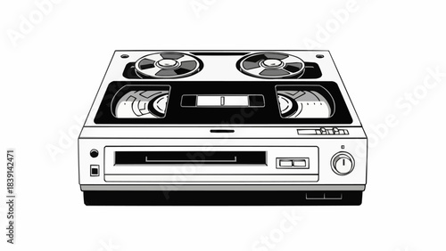 Vintage video cassette recorder player in a detailed line art style.
