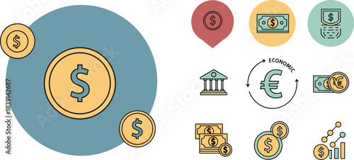 Finance and economy icon set, dollar coin and banking symbols, currency exchange graphics, financial growth illustration, global money concept design