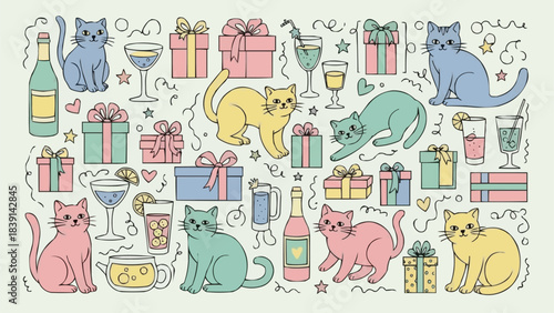 Colorful Hand-Drawn Cats and Party Elements Illustration.