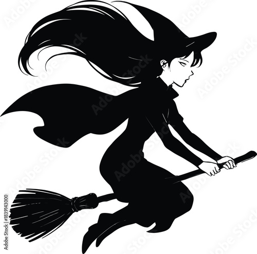 A silhouette of a witch gracefully flying on a broomstick through the air