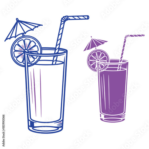 Refreshing blue and purple cocktail illustrations featuring a tall glass a lemon slice a festive paper umbrella and a striped straw perfect for summer drink menus and party invitations