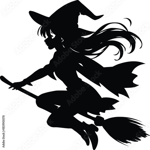 Silhouette of a witch flying on a broomstick against a white background