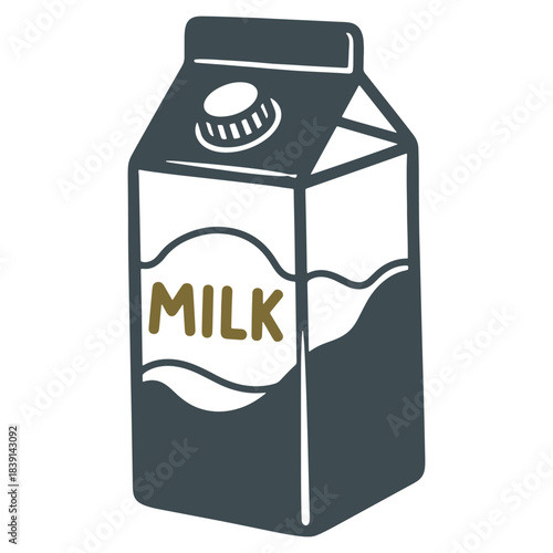 Simple graphic illustration of a classic half gallon milk carton with the word milk prominently displayed on the front featuring a screw top lid design ready for everyday healthy dairy consumption