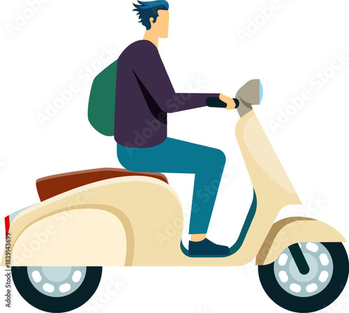 Man riding scooter delivering carrying backpack