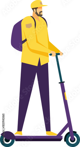 Delivery man riding electric kick scooter delivering food