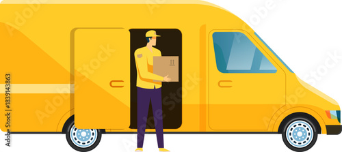 Delivery man carrying package from yellow van