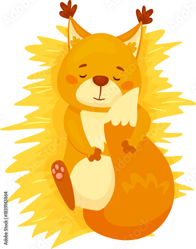 Cartoon squirrel sleeping peacefully on a yellow background
