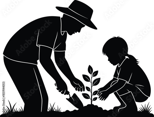 Gardening silhouette scene, adult and child planting icon, black illustration, environmental care gesture, sustainability concept, intergenerational bonding profile
