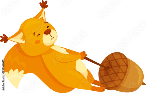 Squirrel struggling pulling big acorn, showing effort