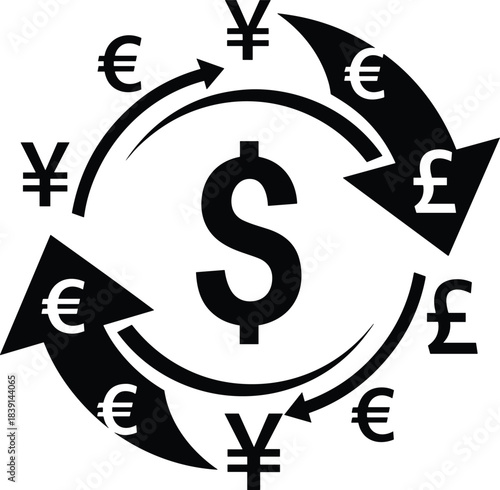 Global currency exchange icon, international financial transaction symbol, dollar euro yen pound graphic, forex market illustration, economic flow concept