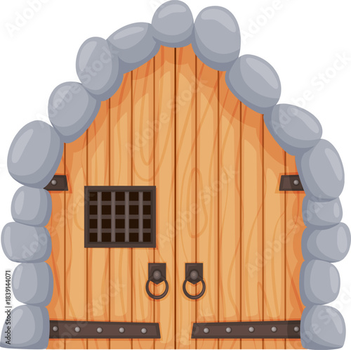 Ancient wooden castle door with barred window