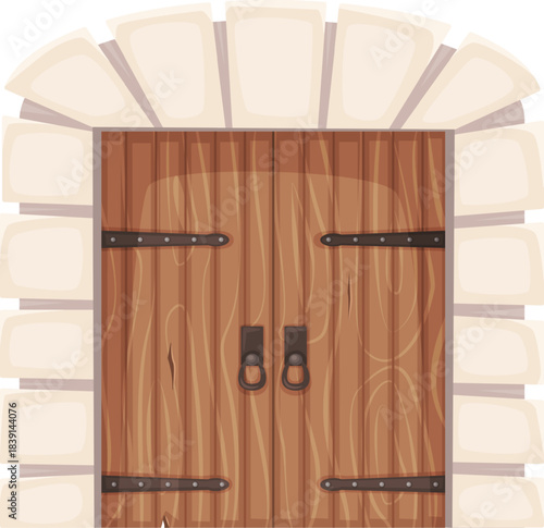 Closed strong wooden medieval door with stone archway