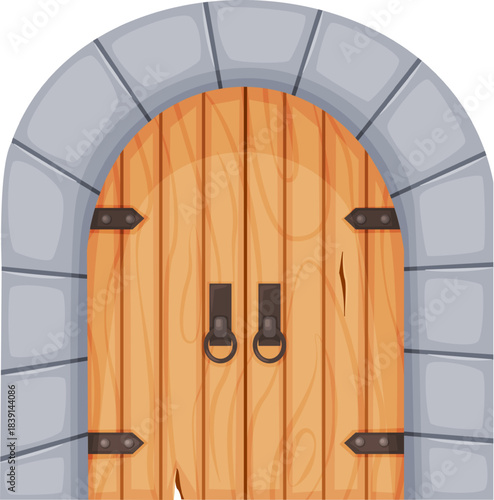 Old arched wooden door in stone archway with metal hinges
