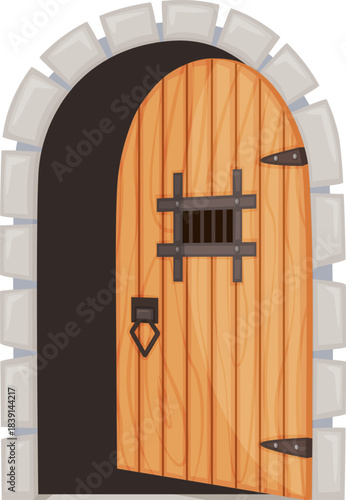 Old medieval wooden door opening stone archway