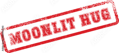 Red grunge rubber stamp impression clearly showing the comforting phrase Moonlit Hug on a plain white surface