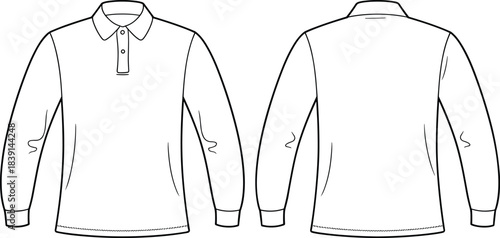 Long sleeve polo shirt, button placket, shirt collar, fashion sketch, front back view, cad drawing flat vector illustration