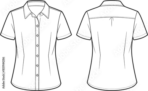 Short sleeve shirt, button-up front, shirt collar, princess seams, fashion sketch, front back view, cad drawing flat vector illustration