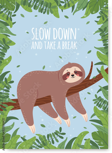 Sloth resting on tree branch, encouraging relaxation and taking a break