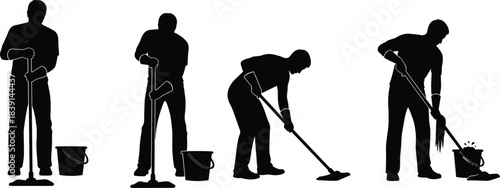 Mopping process icon set, janitorial task silhouettes, black cleaning sequence illustration, floor maintenance graphic, sanitation workflow concept, housekeeping action symbols
