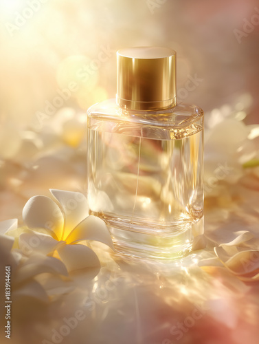 Perfume on a beige background in the rays of bright sun with flowers and beautiful highlights.