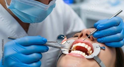 Skilled dentist carefully examines patient's teeth during routine dental check-up