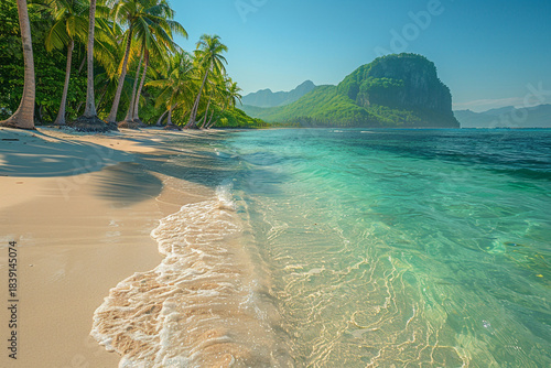 Fototapeta Naklejka Na Ścianę i Meble -  A pristine tropical beach with crystal-clear turquoise waters gently lapping against soft white sand. Tall, lush palm trees sway in the gentle breeze, 