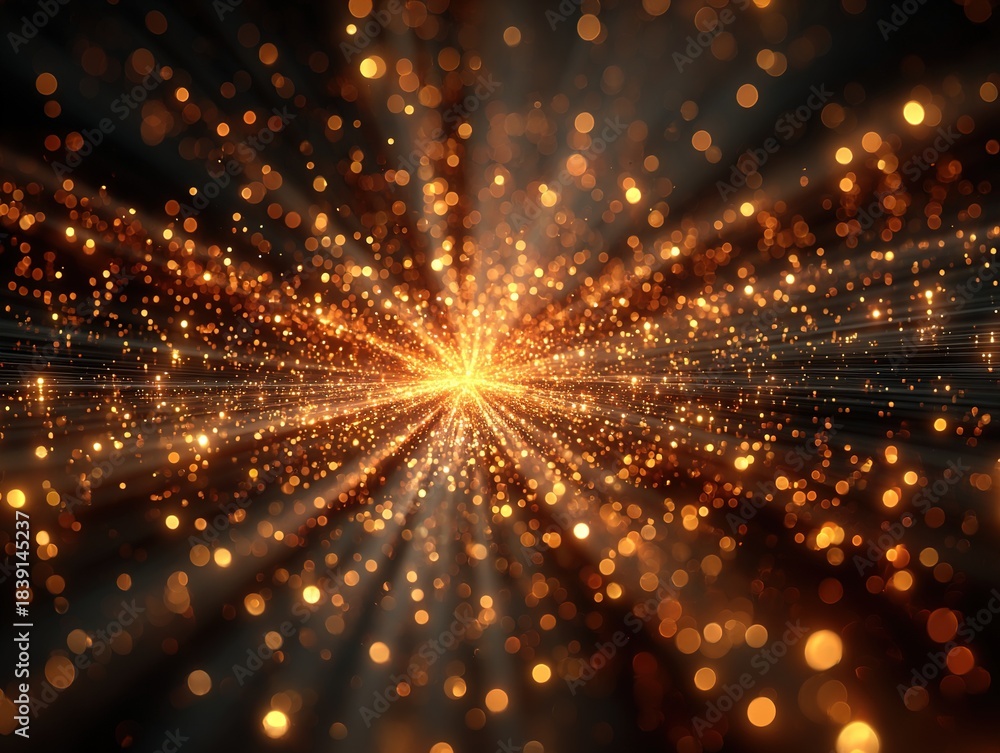 Fototapeta premium Radiant golden particles exploding outward from a bright central point, creating a dynamic energetic visual of motion, sparkle, and vibrant luminous expansion in space