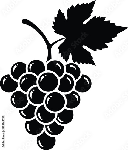 Silhouette grape cluster illustration, bunch of grapes with leaf, fruit icon design, vineyard harvest symbol, black and white botanical graphic isolated