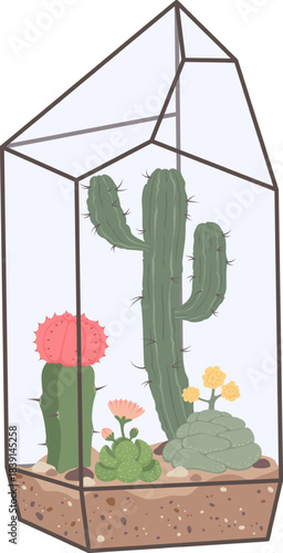 Glass terrarium housing various cacti and succulent plants