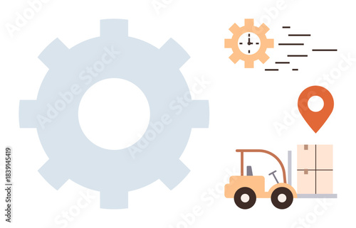 Gear shape, forklift moving packages, clock indicating speed, and location marker emphasize logistics, delivery, supply chain, efficiency, productivity, time management and operational workflow in