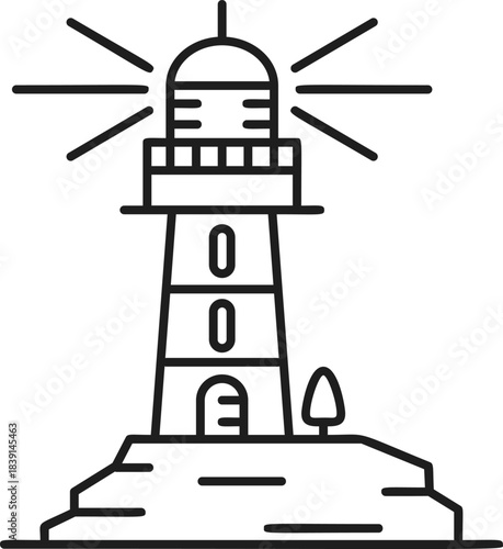 Lighthouse emitting guiding light from a rocky coast